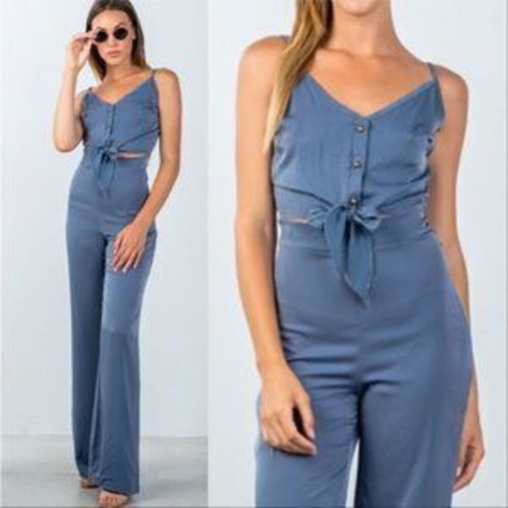 ZARA Blue 2 PIECE SET Tie front top and wide leg Pants